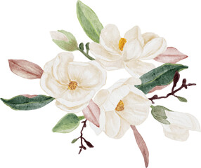 watercolor white magnolia flower and leaf bouquet clipart © Unchalee