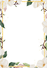 watercolor hand drawn white magnolia flower and green leaf branch bouquet wedding invitation card © Unchalee