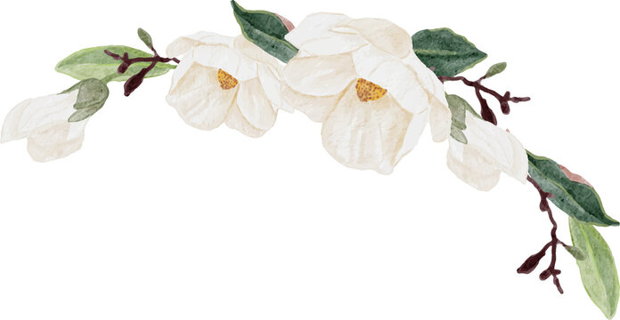 watercolor white magnolia flower and leaf bouquet clipart