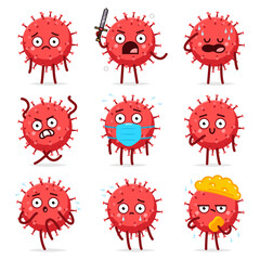 Cute virus and bacteria vector cartoon characters set isolated on a white background.