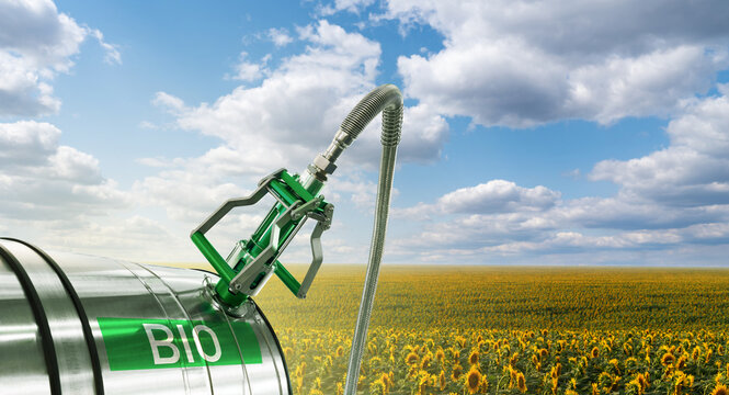 Biofuel filling station on a background of sunflower field	