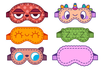 Cute night sleeping masks vector cartoon set isolated on a white background.