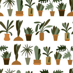 Flower in pot vector cartoon seamless pattern on a white background.