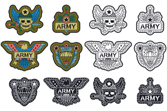 Military and army logo, badge and patch vector cartoon set isolated on a white background.