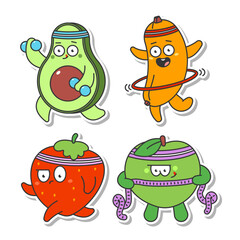 Cute cucumber doing yoga exercise vector cartoon sticker isolated on a white background.