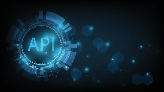 Application Programming Interface (API) on blue background. Software development tool, information technology, modern technology, internet.