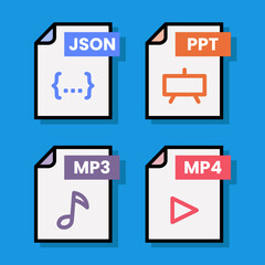 Document file folder download vector color format pdf doc xls jpg zip txt png json ppt csv xml ai mp3 mp4 html psd css js