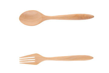 Top view wooden spoon and fork on a white background