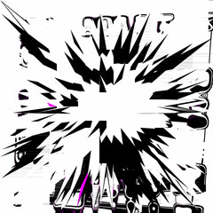 black and white abstract design with 3d explosion graphic on square background. space for text