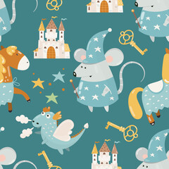Mouse wizard, medieval knight castle, cute dragon, knight horse pattern