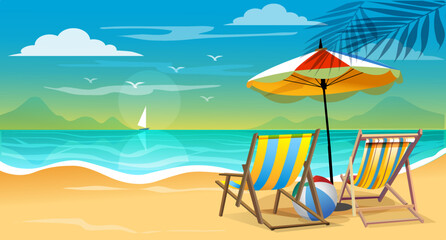 Fototapeta na wymiar illustration flat style vacation summer holiday background of sea shore. Good sunny day. couple Deck chair and beach umbrella on the sand coast. holiday concept.