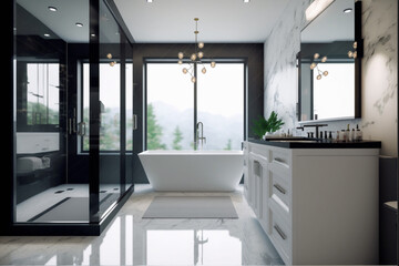 Modern bathroom interior design, Luxury yet minimalist clean, bright and hygienic spacious bathroom with shower, toilets, mirrors, bathtub and natural green plant in a hotel, apartment, or house.
