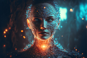 Portrait of a female cyborg robot. Concept for Artififial Intelligence. Designed using Generative A