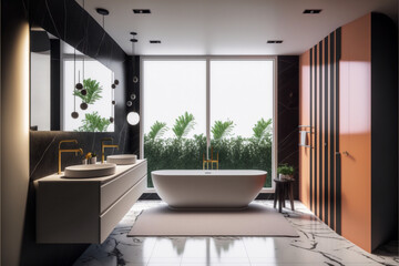 Modern bathroom interior design, Luxury yet minimalist clean, bright and hygienic spacious bathroom with shower, toilets, mirrors, bathtub and natural green plant in a hotel, apartment, or house.