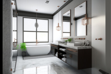Fototapeta na wymiar Modern bathroom interior design, Luxury yet minimalist clean, bright and hygienic spacious bathroom with shower, toilets, mirrors, bathtub and natural green plant in a hotel, apartment, or house.