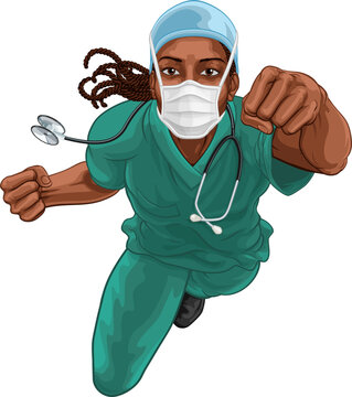 A Super Hero Black Woman Doctor Or Nurse Medical Healthcare Health Professional In Scrubs Flying Through The Sky In A Classic Superhero Pose