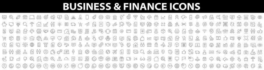 Fototapeta na wymiar Big set of 300 Business icons. Business and Finance web icons. Vector business and finance editable stroke line icon set with money, bank, check, law, auction, exchance, payment. Vector illustration