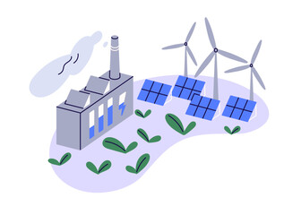 Eco green energy, sustainable electric power sources concept. Alternative renewable electricity from wind, sun. Windmills, turbines, solar panels. Flat vector illustration isolated on white background
