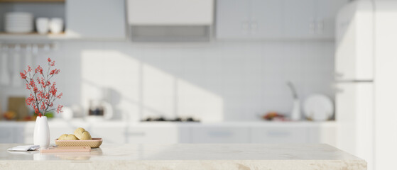 Elegance white marble tabletop with empty space over blurred modern white and clean kitchen - obrazy, fototapety, plakaty