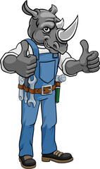 A rhino animal construction cartoon mascot handyman or builder maintenance contractor giving a double thumbs up