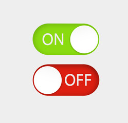On and Off slider buttons. Red and green switch interface buttons. Vector