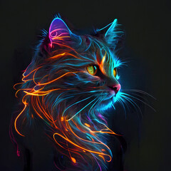 Neon feline fantasy illustration, abstract cat theme