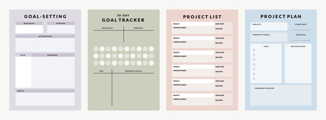 Colorful Set of Printable Vector Project Planner, Goal Setting and Tracker Template