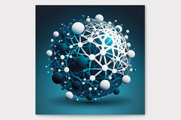 Generative AI illustration of abstract design connection design, Blue and white sphere network structure