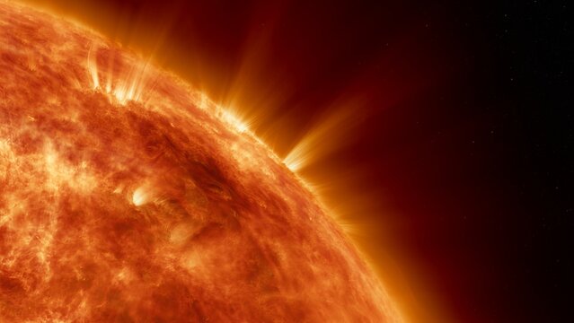 Earth's sun in deep space. Artistic concept 3D illustration as close shot of the solar surface with powerful bursting flares and star protuberances erupting with magnetic storms and plasma flashes.