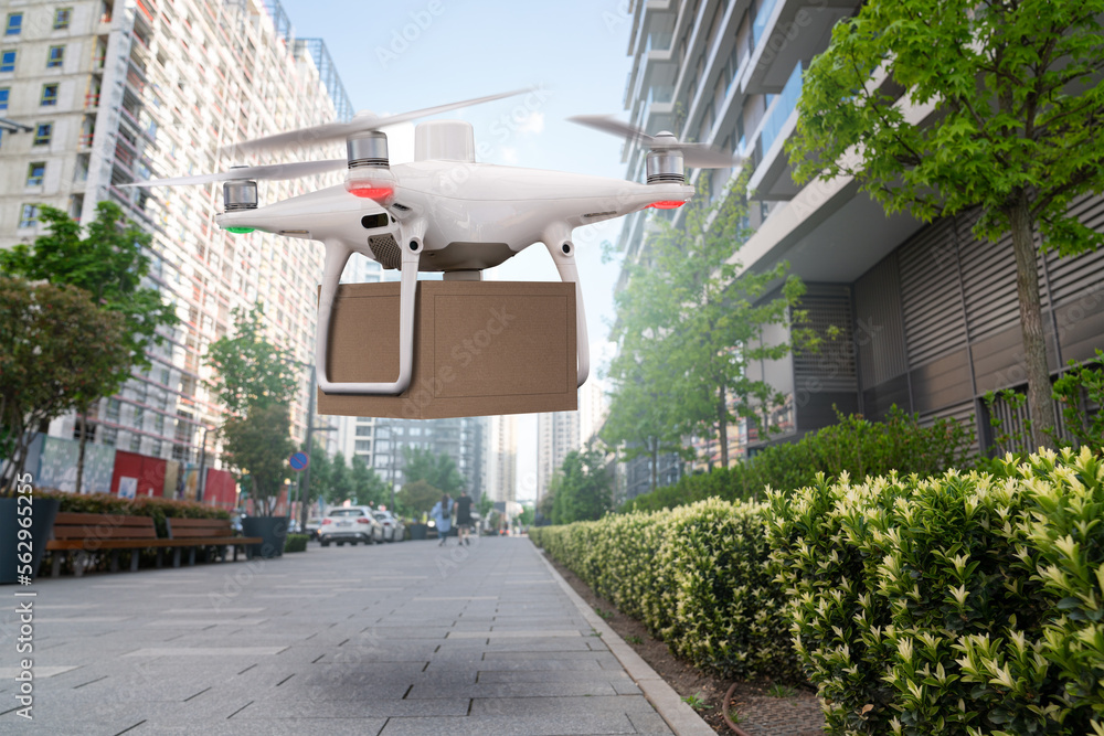 Poster drone with a package. unmanned delivery concept