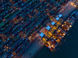Aerial view of container terminal at night