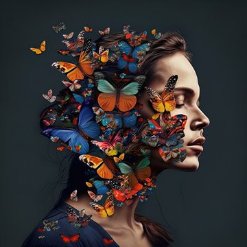 Surreal double exposure image of woman and butterflies. Great for ads, book covers, posters and more. Made with Generative AI.	