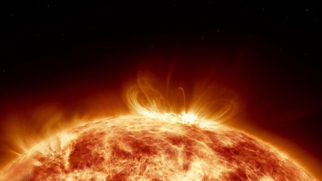 Earth's sun in outer space. Artistic Concept 3D animation as lower third shot of solar surface with powerful bursting flares and star protuberances erupting with magnetic storms and plasma flashes.