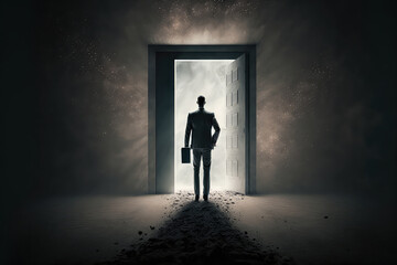 businessman stand ing to an open door. concept leader winner of business (ai generated)