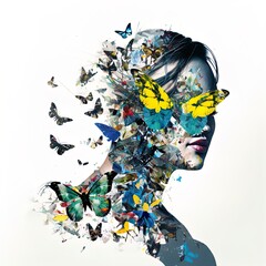 Surreal double exposure image of woman and butterflies. Great for ads, book covers, posters and more. Made with Generative AI.	