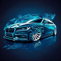 luxury car,modern design blue background sport speed blue flowers wheels holographic model abstrackt background