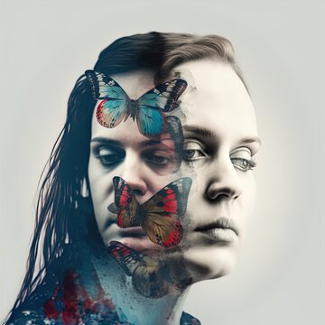Surreal double exposure image of woman and butterflies. Great for ads, book covers, posters and more. Made with Generative AI.	