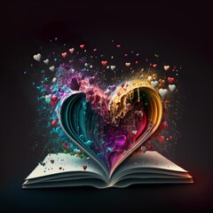 ajar open book with hearts,coming out,fantasy,literaute backgrounds  magical valentine romantic holographic futuristic visual effect black background laser push 3d effect shaped 