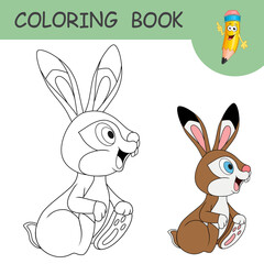 Coloring book with cartoon Hare smiling. Side view of hare with long ears. Colorless and color samples of Easter Rabbit. Template of coloring page or practice worksheet for kids. Spring holiday.