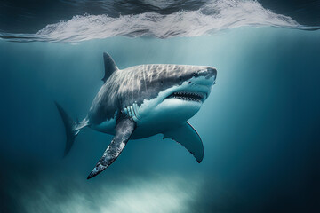 Generative AI illustration of shark swimming underwater