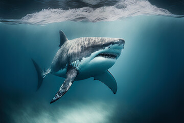 Fototapeta premium Generative AI illustration of shark swimming underwater