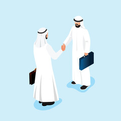 Two Arab businessman handshaking. Business deal and agreement. Vector illustration isometric design