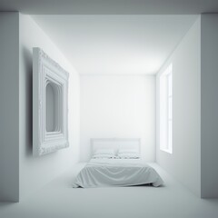 interior of a bedroom white wall blanket bed lightning window lamp houseplant modern design pillow just one color monochrome bright apartment house home space 