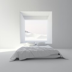 interior of a bedroom white wall blanket bed lightning window lamp houseplant modern design pillow