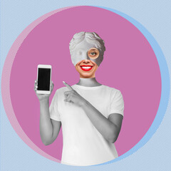 Young smiling woman headed by antique statue with red lips holds mobile phone and points at black...