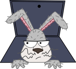 The hare looks out of the bunker incredulously. Vector illustration in doodle style. The symbol of 2023.