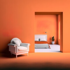 modern living room with orange wall white sofa  white bed style furnishings interior rectangle shaped oblong enter beautiful comfortable cozy