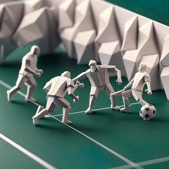 Fototapeta premium origami football players kicks a penalty kick in stadium soccer cartoon figure man winner team white dotted