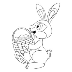 Easter Hare carrying basket full of decorated Eggs. Side view. Template of coloring book with colorless cartoon Rabbit for kids. Practice worksheet or Anti-stress page. Logic outline education game.