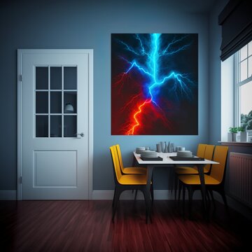 in a room lightning lights pictures on the wall with black background and white door table chair interior current